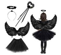 SPERMUOY Costume da angelo per bambini, con ali d'angelo, nero, con bacchetta magica, gonna d'angelo e angelo, costume da angelo per ragazze, feste di Halloween, carnevale, cosplay, performance