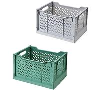 Spesh 2 scatole di immagazzinaggio pieghevoli rialzate scatole di immagazzinaggio in plastica impilabili cestini portaoggetti pieghevoli per cucina, soggiorno, camera da letto (verde scuro+grigio)