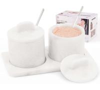 SPESHSTONES Saliera in marmo con coperchio e vassoio, 10,2 cm, colore bianco traballante, per decorare il tavolo da pranzo, set di 2 contenitori per condimenti, barattoli per spezie e zuccheriera con