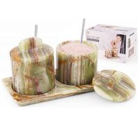 SPESHSTONES Saliera in marmo con coperchio e vassoio, 10,2 cm, verde traballante, per decorare il tavolo da pranzo, set di 2 contenitori per condimenti, barattoli per spezie e zuccheriera con