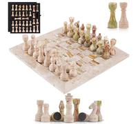 SPESHSTONES Set di scacchi in marmo da 38 cm, in travertino e verde fatti a mano, lussuosi giochi da tavolo per adulti, elegante gioco da tavolo, pezzi di scacchi da viaggio e scatola portaoggetti per