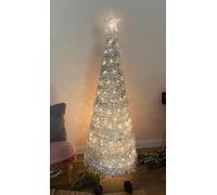 Spetebo Albero di Natale pop-up a spirale, 150 cm, con 120 LED e punta a stella, argento, albero di Natale bianco caldo, illuminato per esterni e interni, decorazione natalizia da giardino con spina