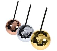 Spetebo Bicchieri a sfera da discoteca con cannuccia riutilizzabile, set da 3 pezzi, bicchieri per feste con cannuccia riutilizzabile, a specchio, per cocktail, feste, longdrink, bicchieri da
