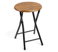 Spetebo Sgabello pieghevole universale in metallo, rotondo, nero, 47 x Ø 30 | Sgabello pieghevole con seduta effetto legno scuro, sgabello pieghevole per cucina, bagno, corridoio