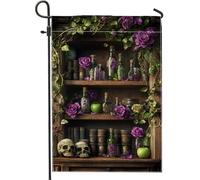 Spettrale bandiera autunnale da giardino botanico, rose viola, teschio stregoneria, decorazione per la casa e il giardino, bandiera su entrambi i lati, decorazione per prato all'aperto, 30,5 x 45,7 cm