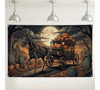 Spettrale cimitero scena carrozza scheletro cavallo sfondo banner 180 x 109 | Carrozza di cavalli scheletrici, sfondo fotografico, Jack-o'-lanterne incandescenti, scena del cimitero al chiaro di luna