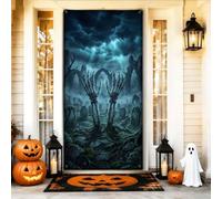 Spettrale cimitero scheletro mani Halloween porta copre 91 x 182 cm | Paesaggio del cimitero, sfondo della porta d'ingresso, rovine gotiche, atmosfera spettrale, scena notturna inquietante