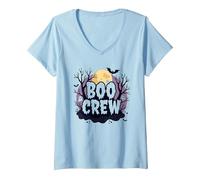 Spettrale Halloween Boo Crew Ghostly Moon Party Maglietta con Collo a V, Donna, Celeste, XL