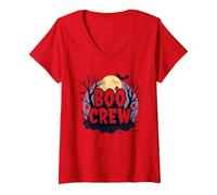Spettrale Halloween Boo Crew Ghostly Moon Party Maglietta con Collo a V, Donna, Rosso, M
