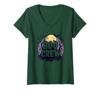 Spettrale Halloween Boo Crew Ghostly Moon Party Maglietta con Collo a V, Donna, Verde Foresta, L