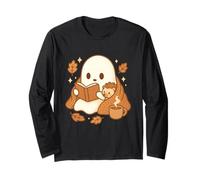 Spettrale Kawaii Ghost Lettura con Riccio Foglie Autunno Maglia a Manica