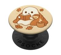 Spettrale Kawaii Ghost Lettura con Riccio Foglie Autunno PopSockets PopGrip Adesivo