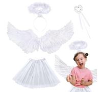 SPHERETRON Costume da angelo, bianco, costume da angelo per bambini, con gonna TuTuTuTuTuTuTuTu, angelo con ali di piuma, alone e bacchetta magica, costumi da angelo per carnevale, cosplay