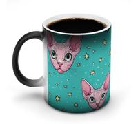 Sphynx, tazza da caffè in ceramica sensibile al calore, con manico con volto di gatto e stelle, cambia colore, regalo divertente, 325 ml