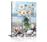 Spiaggia Bianco Fiori nel Vaso Quadri Moderni Con Cornice, Elegante Blu Costa Paesaggio Stampe da Parete Natura Floreale Quadro Stampa Su Tela Decorazioni per Bagno Soggiorno Camera da Letto 30x40cm