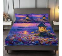 Spiaggia Da Sogno Conchiglie Faro Lenzuola Una Piazza e Mezza con Angoli Viola, 150 x 200 cm Lenzuola in Microfibra con Angolo Fino a 30 cm, Set completo da letto con 2 federe