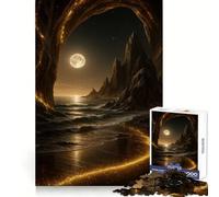 Spiaggia mistica di notte con luce dorata Puzzle per adulti da 1000 pezzi Gioco di logica stimolante Gioco rilassante Bordo trasparente Regalo artistico (38x52cm)