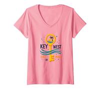 Spiaggia Tropicale paradisiaca di Key West State of Mind Maglietta con Collo a V, Donna, Rosa, S