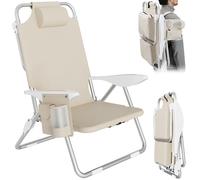BAKAJI Spiaggina Pieghevole Portatile Sedia Sdraio da Spiaggia Richiudibile Struttura in Alluminio Tubolare con Tasca Porta Tutto Sacca Porta Oggetti Borsa Termica Integrata e Spallacci Zaino (Beige)
