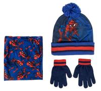 SPIDER-MAN Marvel - Set di 3 guanti e cappello invernale per bambini, con pompon, rosso, blu navy, blu, 2-8 Years