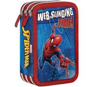 Astuccio con tre cerniere e tre scomparti di spiderman, in robusto poliestere, completo di cancelleria, 18 pennarelli file giotto e 18 matite colorate