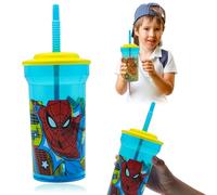 Spiderman - Bicchiere per acqua per bambini con cannuccia, 460 ml, riutilizzabile, in plastica, con cannuccia e coperchio, senza BPA, per scuola sportiva, uso quotidiano, per bambini dai 4 anni in su