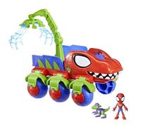 Spidey and his Amazing Friends Marvel Dino-Webs Crawler Toy Car Playset, Spider-Man & Goblin Raptor, action figure da 10 cm, per bambini dai 3 anni in su