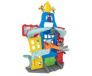 Spidey city playset con 2 veicoli esclusivi. una pista con doppio tracciato, diversi meccanismi di gioco e con due veicoli diecast inclusi