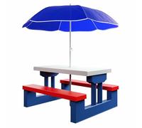 Spielwerk Set Tavolo e 2 Panche da Gioco per Bambini con Ombrellone Protezione UV Picnic Mobili Panchine Bimbi Giardino Casa