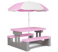 Spielwerk® Set Tavolo e 2 Panche per Bambini con Ombrellone da Giardino Sistema a Incastro in Plastica ABS Rosa Sedie Picnic Esterno Cameretta Interno Bimbi Giochi