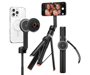 Spigen S581W Treppiede One Push MagSafe Apertura Automatica | Nero, Bastone Selfie e Treppiede Bluetooth per iPhone Samsung Android. Extra Lungo con Telecomando. Supporto MagSafe