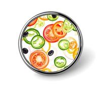 Spilla a bottone con cipolla, pomodoro e peperone a fette, spilla rotonda, decorazione con grafica, cappello, abbigliamento, borsa