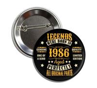 Spilla a bottone in stile vintage per 40° compleanno, design Legends Born in 1986, nero e oro, 5,7 cm