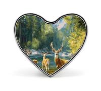 Spilla a bottone smaltata a forma di cuore con motivo Deer River Mountain Spring, carina e divertente, per zaini e cappelli, 2,5 cm.