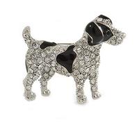 Spilla a forma di cane Jack Russell Terrier con cristalli trasparenti e smalto nero, in metallo argentato, 40 mm di diametro, Misura unica, smaltato, Diamante