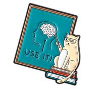 Spilla a forma di cartone animato raffigurante insegnante di gatto in occhiali che punta a testa per stimolare il pensiero, spilla smaltata letteraria