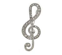 Spilla a forma di chiave di violino in metallo argentato con cristalli trasparenti, lunghezza 45 mm
