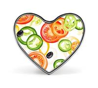 Spilla a forma di cuore con bottone a forma di peperone, pomodoro e cipolla, decorazione con grafica, cappello, abbigliamento, borsa