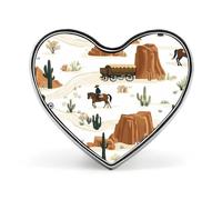 Spilla a forma di cuore con cavalli e cowboy in stile western, ideale per decorare abiti, cappelli e borse.