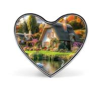 Spilla a forma di cuore con cigno e logo della casa sul lago di montagna, perfetta per decorare zaini, giacche e cappelli.