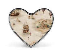 Spilla a forma di cuore con ciondolo a forma di cuore raffigurante una nave a vela, pirati o una mongolfiera, in alluminio, ideale per decorare zaini e cappelli.