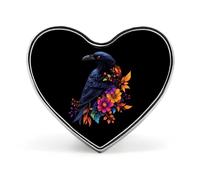 Spilla a forma di cuore con corvo nero floreale, graziosa spilla/bottone per zaini, giacche e cappelli.