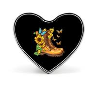 Spilla a forma di cuore con farfalle, girasoli e fiori, ideale per decorare zaini, giacche e cappelli.