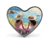 Spilla a forma di cuore con fiore di oceano, barca a vela e montagna, per donne e uomini, per feste e matrimoni