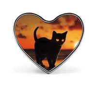 Spilla a forma di cuore con gatto nero al tramonto sulla spiaggia, accessorio per abbigliamento e gioielli per uomo e donna.