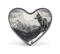 Spilla a forma di cuore con lupo solitario e montagna innevata, spilla per donne e uomini, accessori alla moda per cappelli, borse, giacche, cappotti, regali di giorno