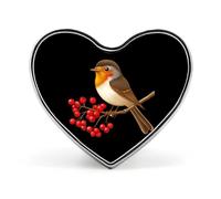 Spilla a forma di cuore con pettirosso seduto su un ramo di vischio, graziosa spilla/bottone per zaini, giacche e cappelli.