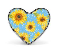 Spilla a forma di cuore con sfondo blu e girasoli, accessorio per abbigliamento e gioielli per uomo e donna.