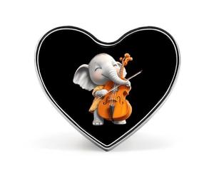 Spilla a forma di cuore con simpatico elefantino che suona il violoncello, accessorio per abbigliamento e gioielli per uomo e donna.