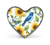 Spilla a forma di cuore con uccelli ghiandaia azzurra, girasoli e farfalla, ideale per abiti, cappelli e borse.